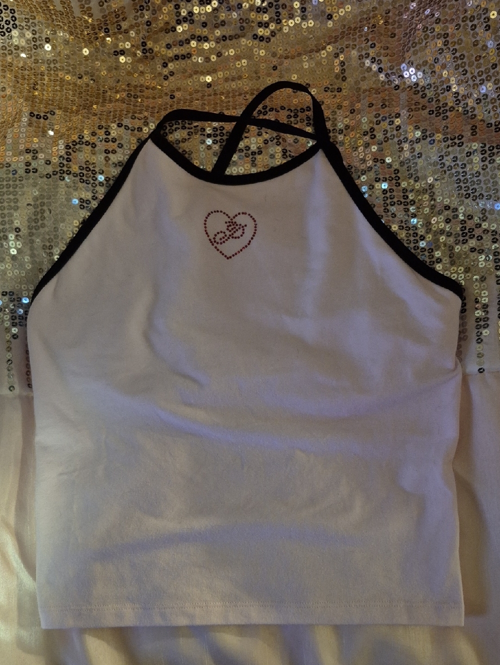 White Halter Crop Tank with Black Trim and Heart Accent